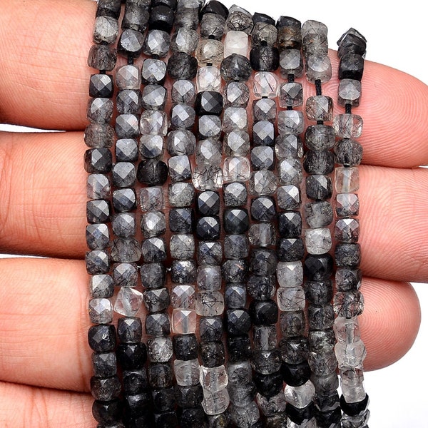 Natural Black Rutilated Quartz Gemstone 4mm Faceted Cube Briolette ~ Black Rutile Semi Precious Gemstone 3D Box Beads ~ 13inch Strand