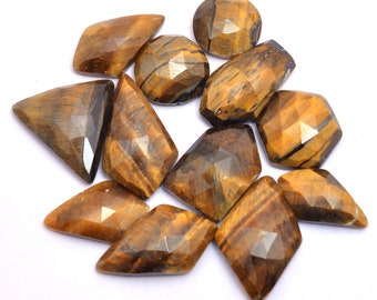 Yellow Tiger Eye Loose 11mm-21mm Faceted Rosecut Mix Lot ~ Natural Tiger Eye Semi Precious Gemstone Fancy Flat Back Cabochons For Jewelry