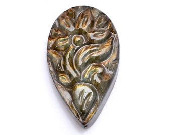 Natural Labradorite 22x38mm Flower Carving ~ Golden Labradorite Fancy Carving ~ Hand Carved Gemstone For Jewelry ~ Loose Labradorite Carving