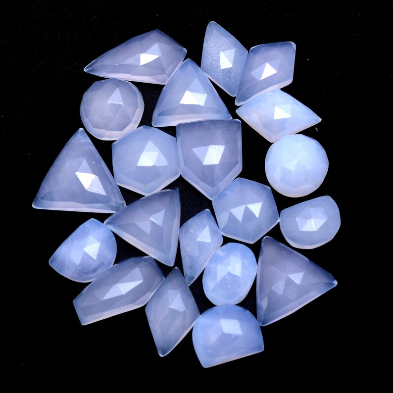 Natural Chalcedony Gemstone Fancy 11mm-20mm Faceted Rosecut Mix Set ~ Blue Chalcedony Semi Precious Gemstone Loose Flat Back Cabochons