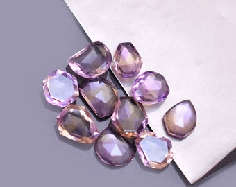 Gemma di ametrina bicolore sfusa fantasia 9 mm-13 mm taglio a rosa irregolare sfaccettato ~ Gemma semipreziosa di ametrina biologica naturale con fondo piatto, lotto misto