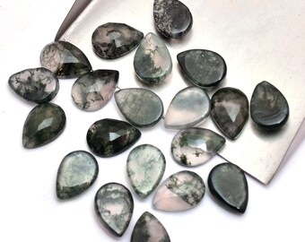 Moss Agate Faceted Pear Rose Cuts ~ Green Moss Agate Loose Pear Shape Cabochons ~ Natural Agate Gemstone Flat Back Rose Cut Cabs For Jewelry