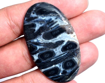 Black Agate Gemstone 32x52mm Smooth Oval Cabochon ~ 80 Cts ~ Natural Film Agate Semi Precious Gemstone Loose Flat Back Cabochon For Jewelry