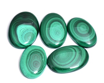 5 Pcs ~ Natural Malachite Gemstone Fancy Loose Oval Cabochons Lot ~ Green Malachite Semi Precious Gemstone Smooth Flat Back Cabs For Jewelry