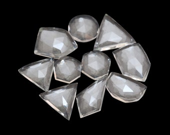 Natural Crystal Quartz 11x11mm-12x16mm Faceted Rosecut Fancy Cabs ~ Crystal Quartz Semi Precious Gemstone Loose Flat Back Cabochon Mix Set
