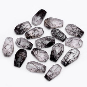 Black Rutilated Quartz Faceted Coffin Rose Cuts ~ Natural Black Rutile Gemstone Loose 13mm-16mm Cabs ~ Rutile Fancy Rosecut Cabs For Jewelry