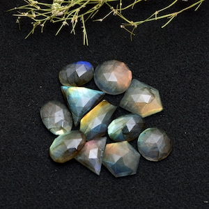 11 Pcs ~ Natural Multi Fire Labradorite Gemstone Loose 8x11mm-9x14mm Faceted Irregular Shape Rose Cut Cabochons Mix Lot For Jewelry