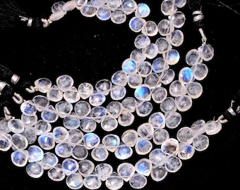 AAA+ Natural White Rainbow Moonstone 8mm-9mm Faceted Heart Briolette Beads ~ Blue Fire Moonstone Semi Precious Gemstone Beads ~ 5inch Strand