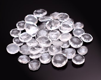 Natural Clear Crystal Quartz 9mm-13mm Faceted Fancy Rose Cut Slices ~ Crystal Quartz Semi Precious Gemstone Loose Flat Back Rose Cut Cabs