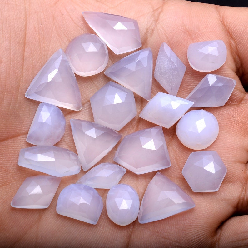 Natural Chalcedony Gemstone Fancy 11mm-20mm Faceted Rosecut Mix Set ~ Blue Chalcedony Semi Precious Gemstone Loose Flat Back Cabochons