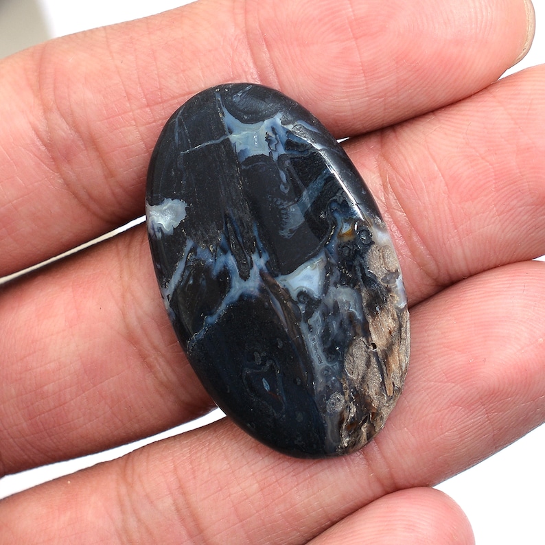 Black Agate Gemstone 24x38mm Smooth Oval Cabochon ~ 48 Cts ~Natural Film Agate Semi Precious Gemstone Loose Flat Back Cabochon For Jewelry