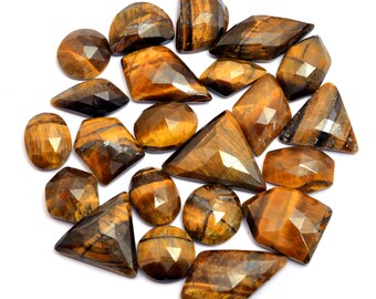 Natural Tiger Eye Gemstone Fancy Rosecut ~ Yellow Tiger Eye 8x11mm-15x21mm Flat Back Cabochon ~ Loose Faceted Tiger Eye Gemstone Mix Set