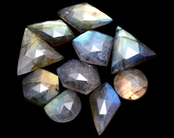 Labradorite Semi Precious Gemstone Loose Faceted Free Form Rosecut ~ Natural Labradorite 11mm-19mm Fancy Flat Back Cabochons Lot For Jewelry