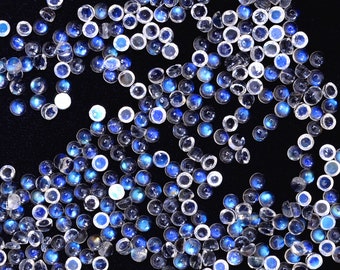 AAA+ Vit regnbågsmånsten 1,5 mm, 2,5 mm, 3,5 mm slät rund cabochon lot ~ Blå eldmånsten halvädelsten lösa platta baksida cabochons