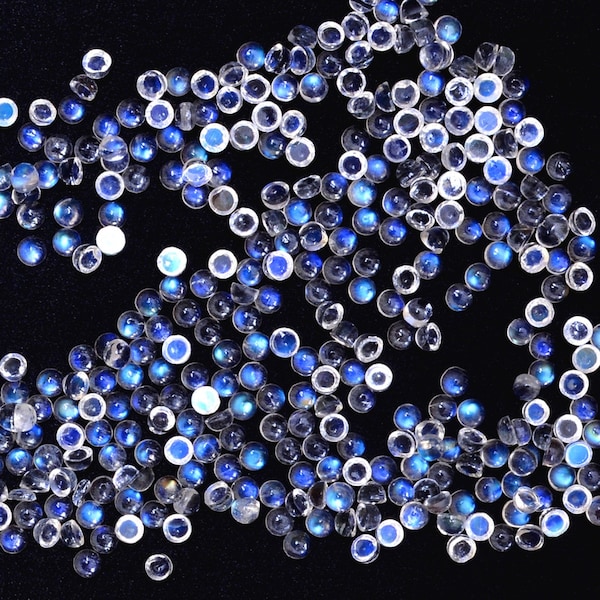 AAA+ White Rainbow Moonstone 1.5mm, 2.5mm, 3.5mm Smooth Round Cabochon Lot ~ Blue Fire Moonstone Semiprecious Gemstone Loose Flat Back Cabs