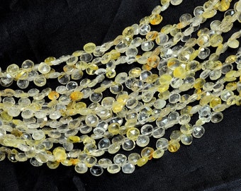 Natural Gold Rutilated Quartz Gemstone 5mm-6mm Heart Briolette Beads ~ Golden Rutile Semi Precious Gemstone Faceted Loose Beads ~ 8" Strand