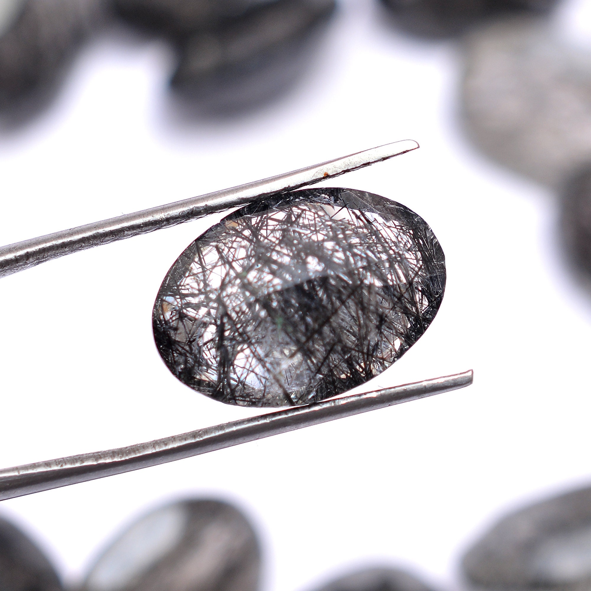 Natural Black Rutile Quartz Gemstone 10x14mm Oval Faceted