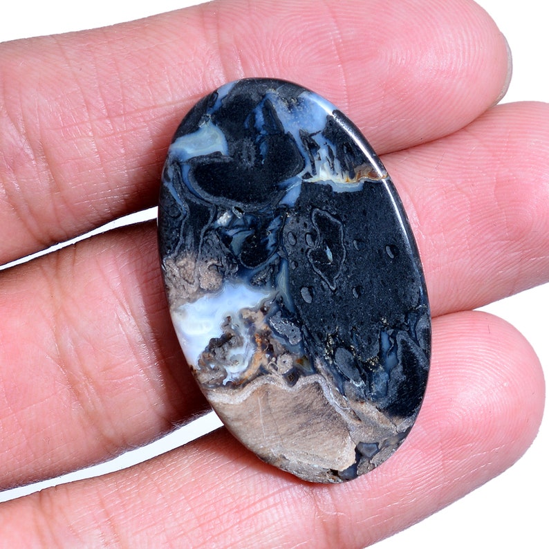 Black Agate Gemstone 24x38mm Smooth Oval Cabochon ~ 48 Cts ~Natural Film Agate Semi Precious Gemstone Loose Flat Back Cabochon For Jewelry