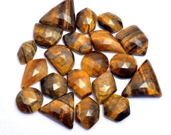 Yellow Tiger Eye Gemstone 7x11mm-14x17mm Flat Back Cabochon ~ Natural Tiger Eye Fancy Rosecut ~ Loose Faceted Tiger Eye Gemstone Mix Set