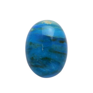 May include: Oval-shaped gemstone with a polished, glossy surface. The stone features a blend of blue hues, with darker streaks and patterns creating a marbled effect. The gemstone is set against a plain white background.