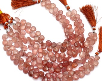 Natural Pink Strawberry Quartz Heart Briolette ~ Multi Strawberry 7mm-10mm Faceted Heart Beads ~ Strawberry Quartz Gemstone Briolette Beads