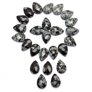 Snowflake Obsidian Faceted Pear Rosecuts ~ Snowflake Obsidian Loose Pear Shape Cabochons ~ Natural Obsidian Gemstone Flat Back Rose Cut Cabs