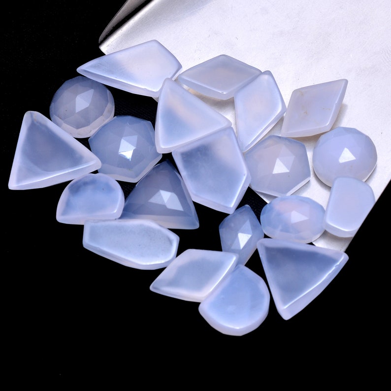 Natural Chalcedony Gemstone Fancy 11mm-20mm Faceted Rosecut Mix Set ~ Blue Chalcedony Semi Precious Gemstone Loose Flat Back Cabochons