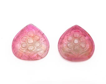 17 Cts ~ Bio Pink Tourmaline Loose Heart Shape Carved Stones ~ Natural Tourmaline Fancy Carving Pair ~ Hand Carved Tourmaline Gemstone Pair