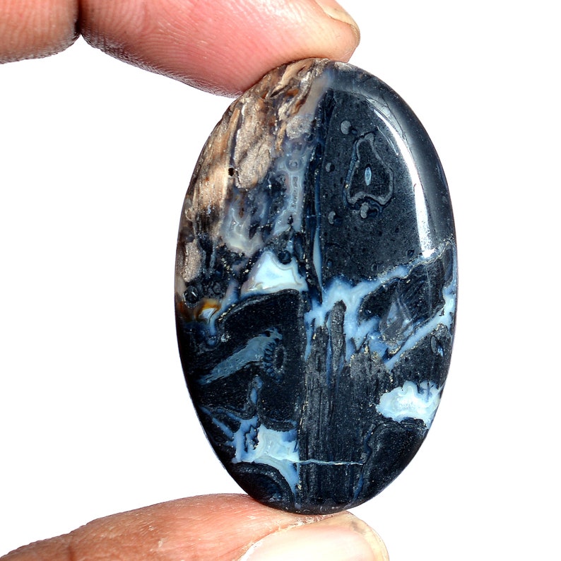 Black Agate Gemstone 24x38mm Smooth Oval Cabochon ~ 48 Cts ~Natural Film Agate Semi Precious Gemstone Loose Flat Back Cabochon For Jewelry