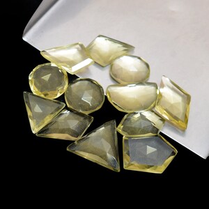 Natural Lemon Quartz Gemstone Loose Uneven Shape Rose Cuts ~ Lemon 11mm-17mm Faceted Flat Back Cabs ~ Lemon Quartz Fancy Cabochon Mix Lot