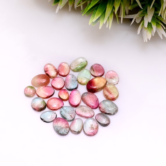 Bio Color Tourmaline Gemstone 5mm-8.5mm Uneven Flat Back Mix Cabochons Lot ~ Natural Multi Tourmaline Loose Smooth Cabochon Lot For Jewelry