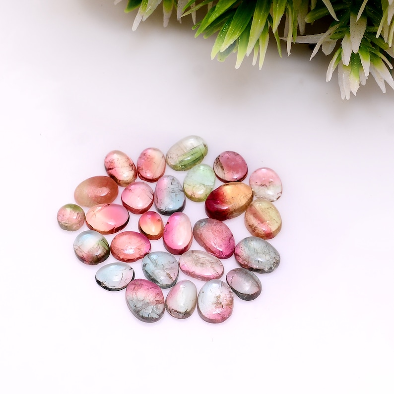 Bio Color Turmalin Ädelsten 5 mm-8,5 mm Ojämna Platta Baksida Mix Cabochons Parti ~ Naturlig Multi Turmalin Lös Slät Cabochon Parti För Smycken bild 1