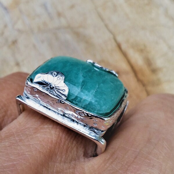 Amazonite silver ring - Unique model - Large silver ring 925 - Fine stone - designer jewelry - Horizontal stone ring