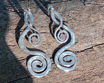 Boucles d'oreilles pendantes en forme de spirale en argent et cuivre - Boucles d'oreilles originales pour oreilles percées
