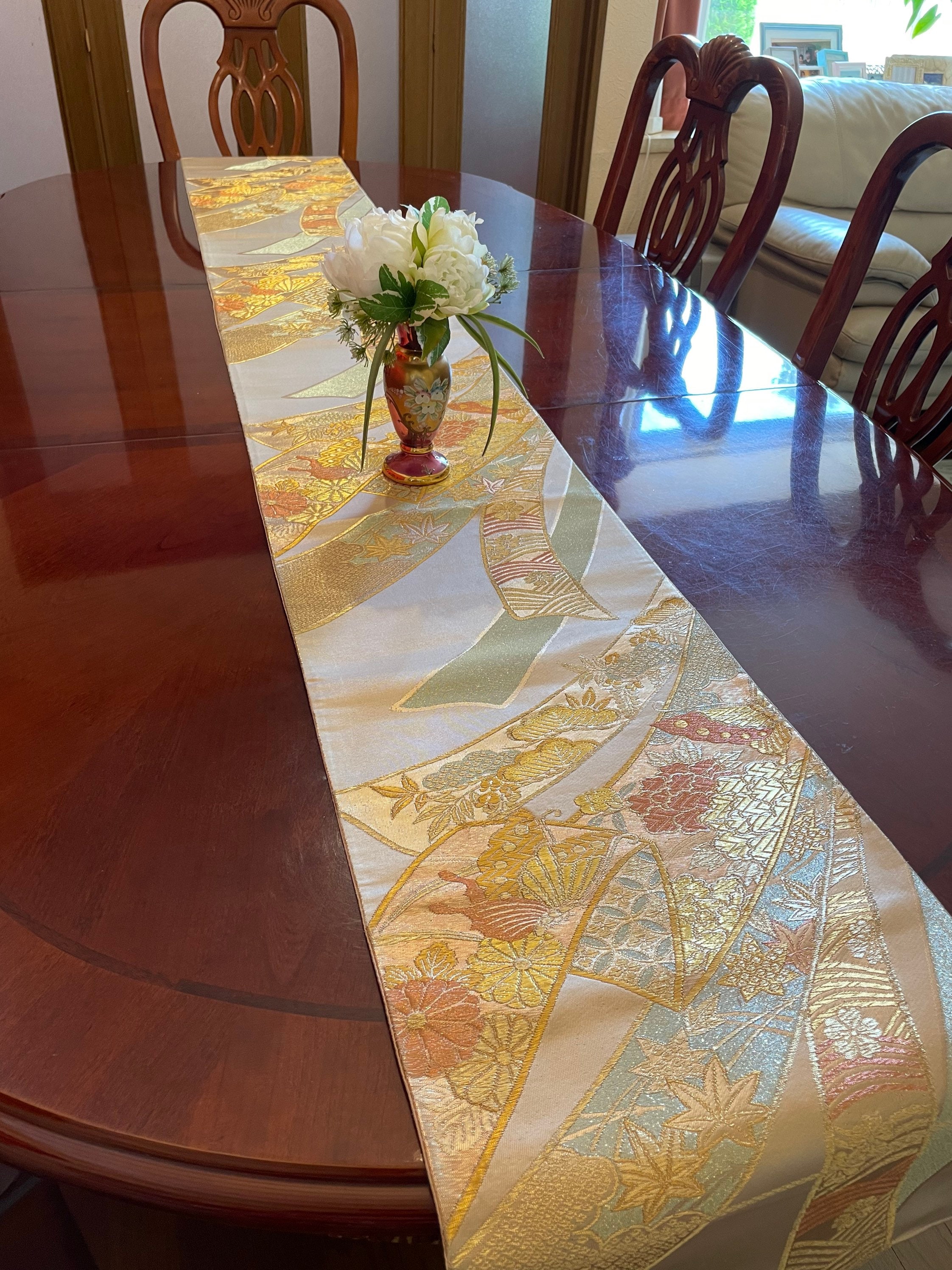Luxury Embroidery Silk Table Runner Gold Ribbon Etsy