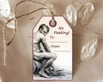 Printable classical art Gift Tags ~ last minute gift wrap tag ~ digital Naughty But Nice art label Prudhon drawing male nude figure gift tag