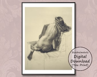 Small Printable Sketch of Woman Back, Sleeping woman art print Sitting female figure charcoal drawing Bedroom bathroom wall art Life drawing