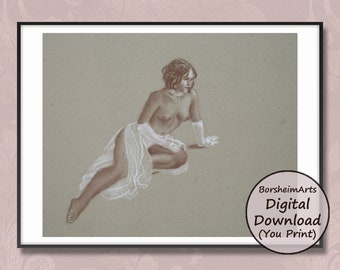 Charming seated nudeart woman nude figure sanguine drawing topless woman white gloves bathroom bedroom wall art printable digital download