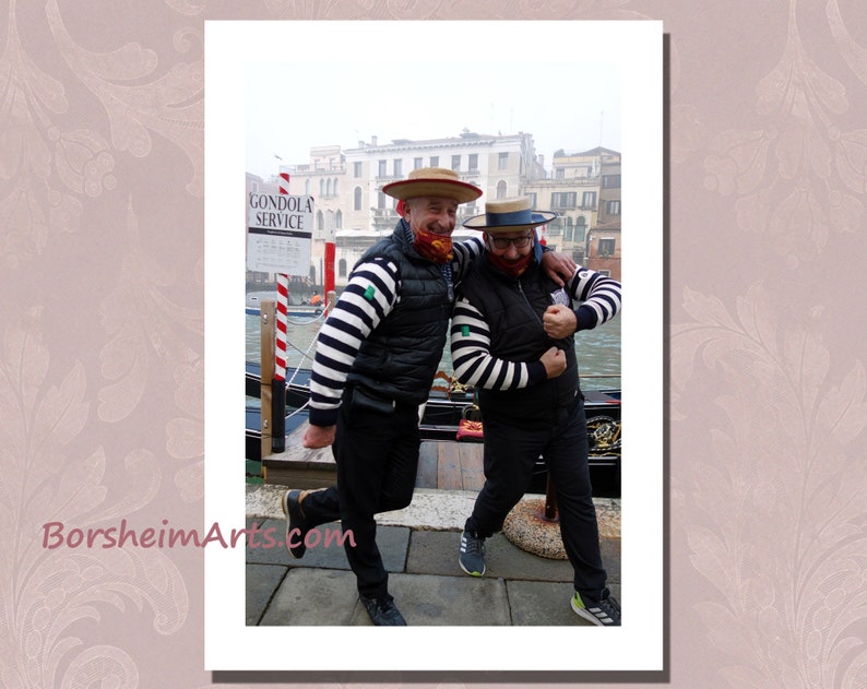 Venice Italy gondoliers photograph Venetian street scene two playful men silly Italy travel photo traveler gift gondola fun printable art