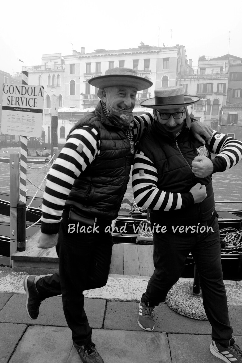 Venice Italy gondoliers photograph Venetian street scene two playful men silly Italy travel photo traveler gift gondola fun printable art