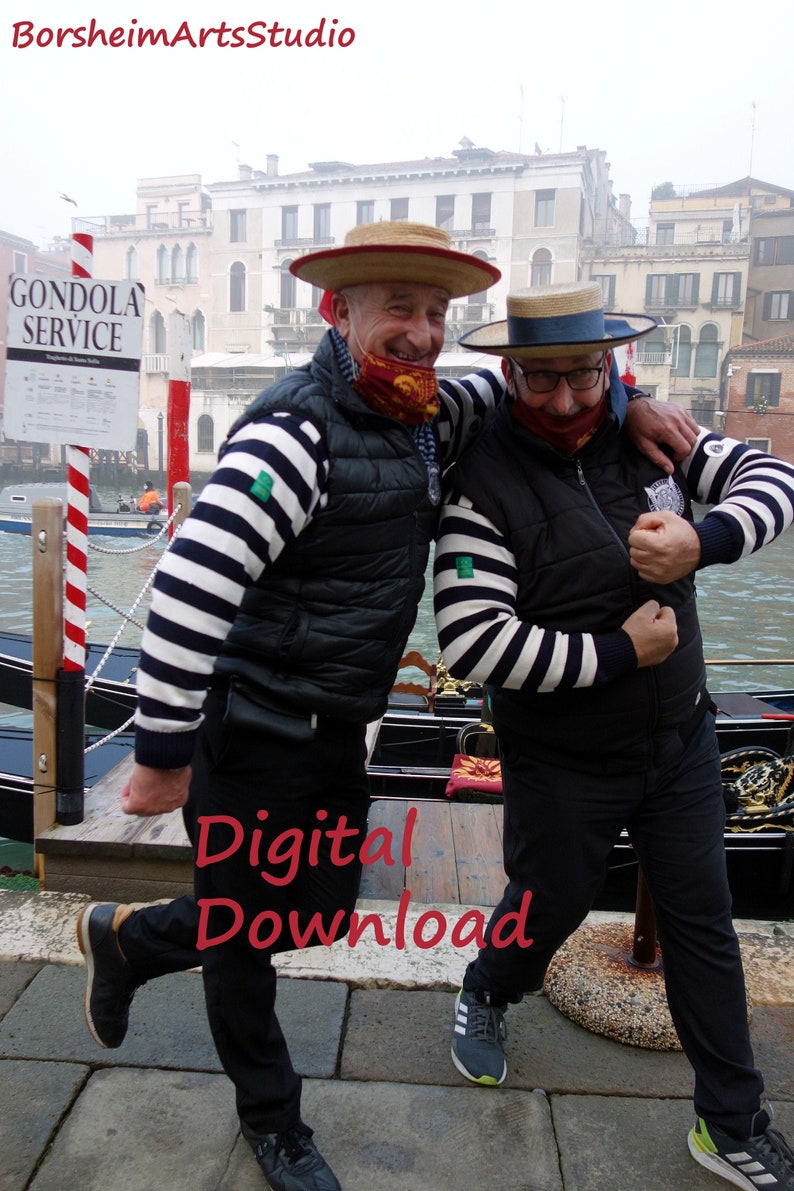 Venice Italy gondoliers photograph Venetian street scene two playful men silly Italy travel photo traveler gift gondola fun printable art