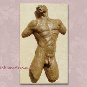 Wall art Bronze figure sculpture, Valentine male torso wall hanging, man's body in metal bath decor, gift for partner, art for bathroom wall