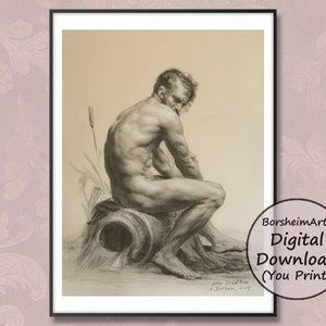 Op de afbeelding: Een zwart-witte potloodtekening van een naakt mannelijk figuur dat op een boomstronk zit. De figuur kijkt naar beneden en heeft een ontspannen houding. De tekening is onderaan rechts gesigneerd met "K. Borsheim 2009".