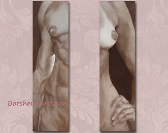 Set of Two Original Oil Paintings of Torsos, Pair Male & Female Nude Wall Art, Tall narrow nude artwork, sepia neutral Venus Mars Body decor