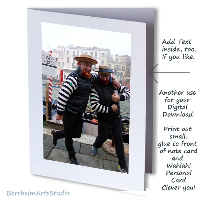 Venice Italy gondoliers photograph Venetian street scene two playful men silly Italy travel photo traveler gift gondola fun printable art