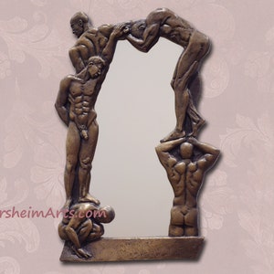 Framed bronze Mirror of Men, Metal frame Asymmetrical mirror small sculpture wall decor as functional art entryway, Unique Gift for Partner Patina-Bronze