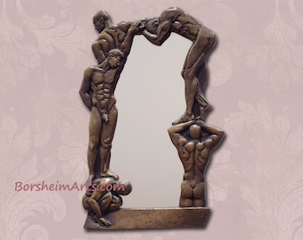 Framed bronze Mirror of Men, Metal frame Asymmetrical mirror small sculpture wall decor as functional art entryway, Unique Gift for Partner