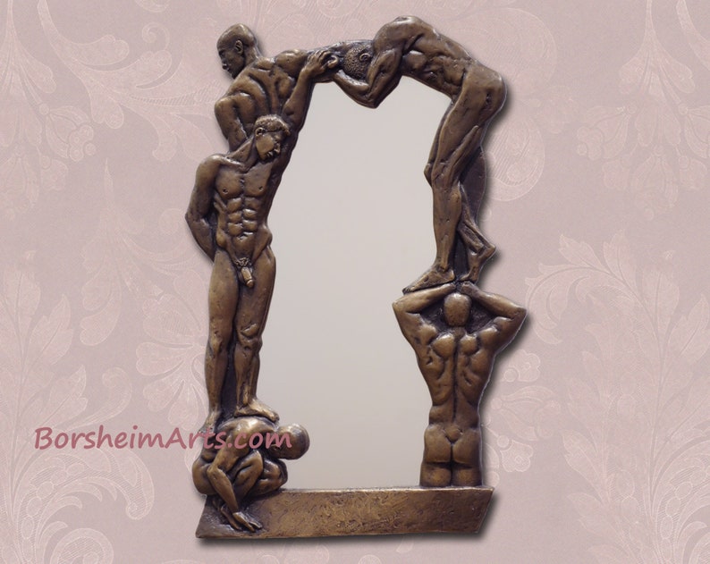 Framed bronze Mirror of Men, Metal frame Asymmetrical mirror small sculpture wall decor as functional art entryway, Unique Gift for Partner Patina-Bronze