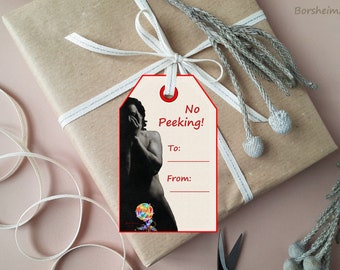 Digitale No Peeking Freche Geschenkanhänger von Geschmackvolle männliche Figur Zeichnung, genug, Spaß druckbare Kunstetiketten, DIY geben Last-Minute-Geschenkverpackung