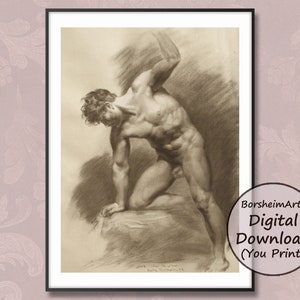 Print Charcoal drawing muscular man, Sepia digital download Prudhon copy, Tasteful male figure art Printable standing Gesture sketch drawing